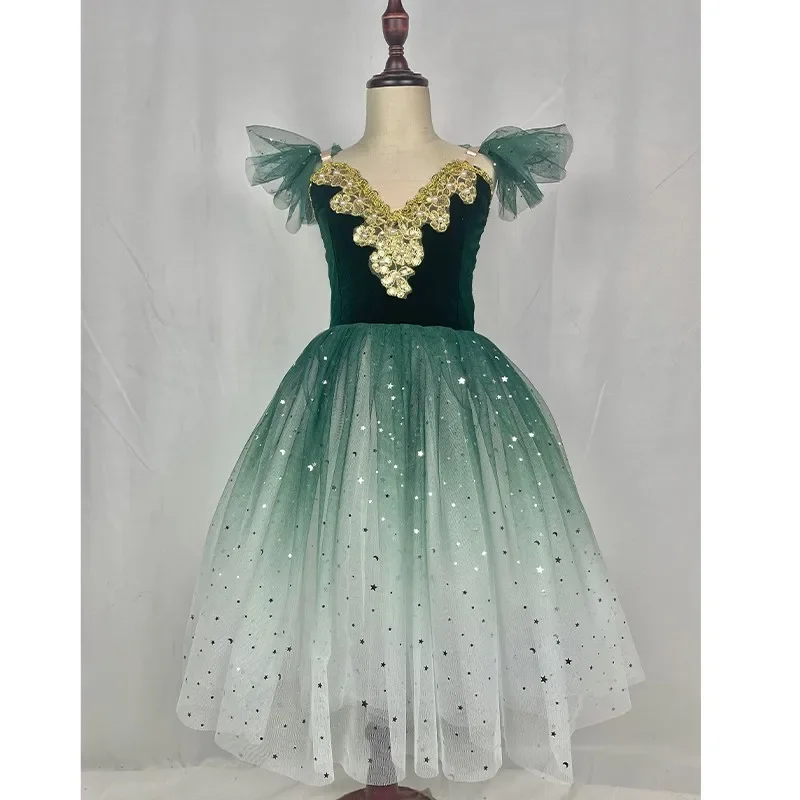 Vestido de Ballet verde para niñas, Falda larga de baile para niños, disfraces de actuación de bailarina, ropa de danza del vientre para niñas