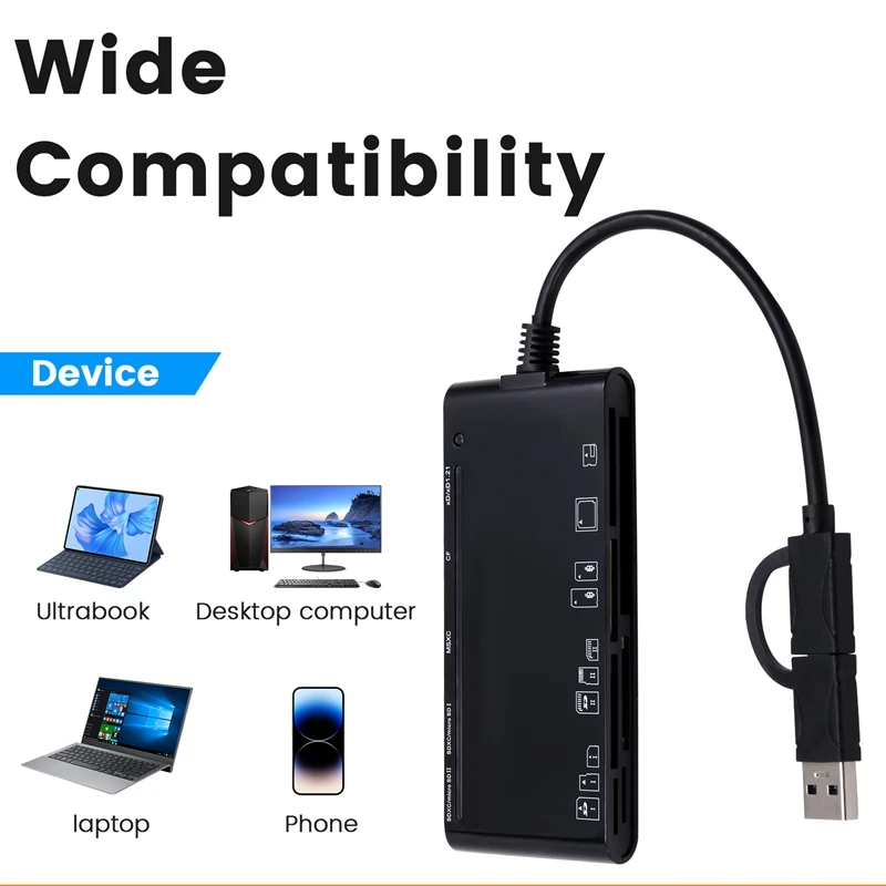 7 In 1 USB 3.0 Type-C Multifunction Card Teader CF/XD/MS/SD/TF Card Reader For Windows Vista/XP/7/8/10/, Linux, Os