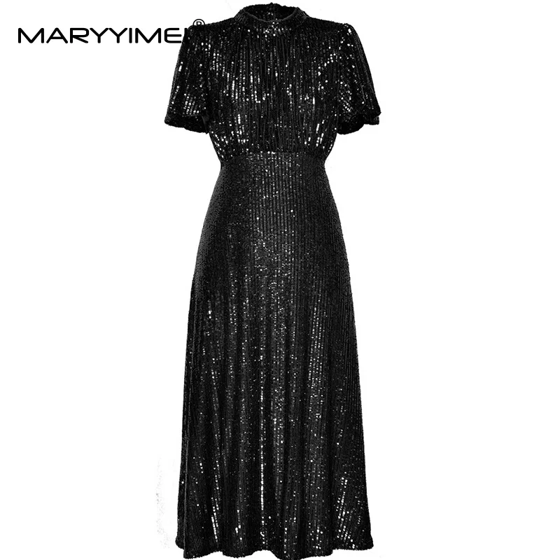 

MARYYIMEI Summer New Women's Dress Short Sleeve High waist Slim Sequins Party Ball Gown Fashion Big Swing Dresses