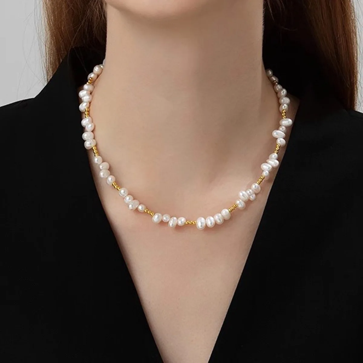 

Super High Quality Natural Freshwater Pearl Irregular Arrangement 14K Gold Filled Female Short Beads Chain Necklace No Fade