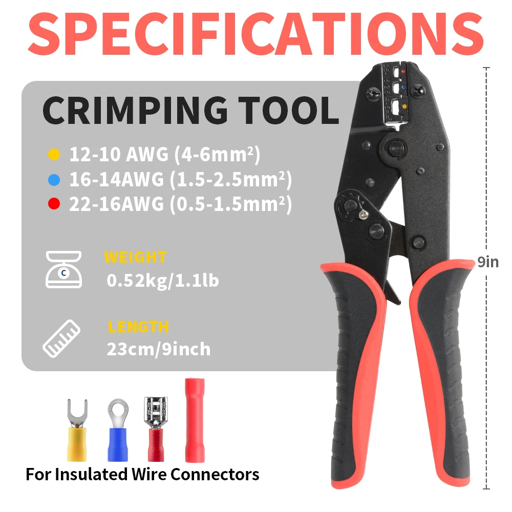 Crimping Tool for Insulated Electrical Wire Connectors-AWG 22-10 Ratchet Crimper Tool Wire Crimping Tool  for Insulated Terminal