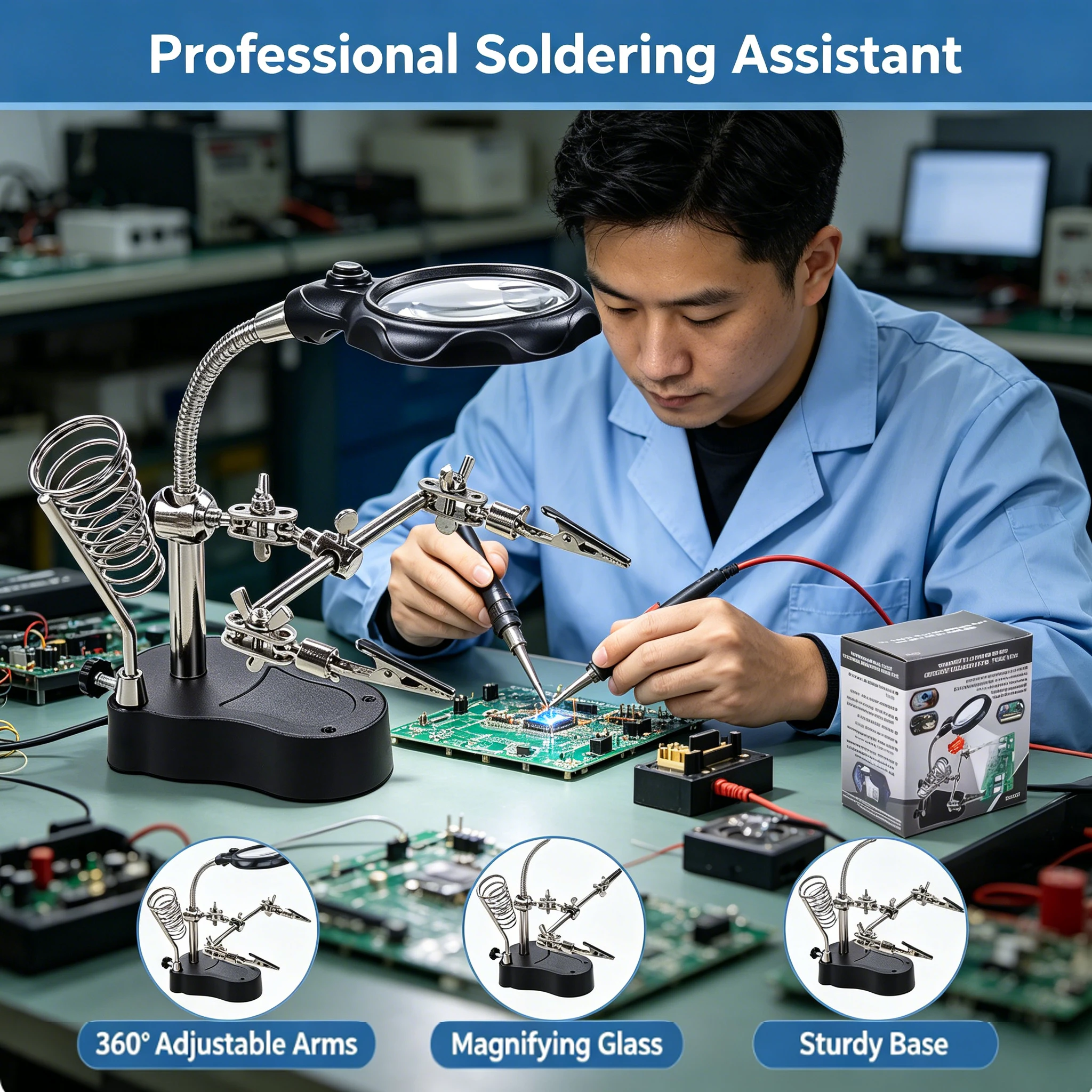 Helping Hands Soldering Station, 3.5X &12X Dual Magnifier LED Light, Third Hand Tool with Alligator Clips for Electronics Repair