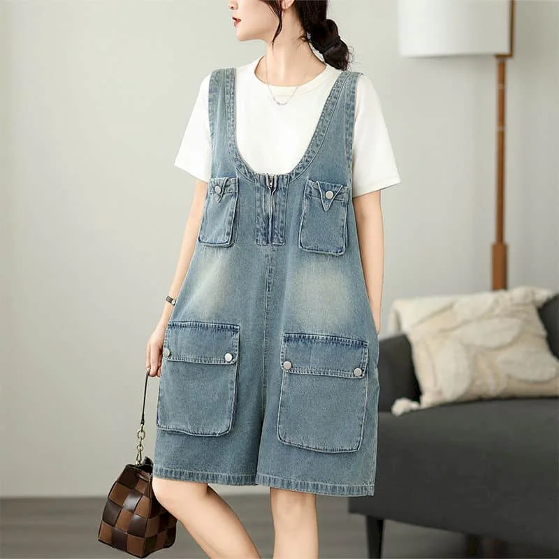 Denim Jumpsuits for Women Vintage Korean Style One Piece Outfit Casual Loose Rompers Wide Leg Jeans Summer New Women Clothing
