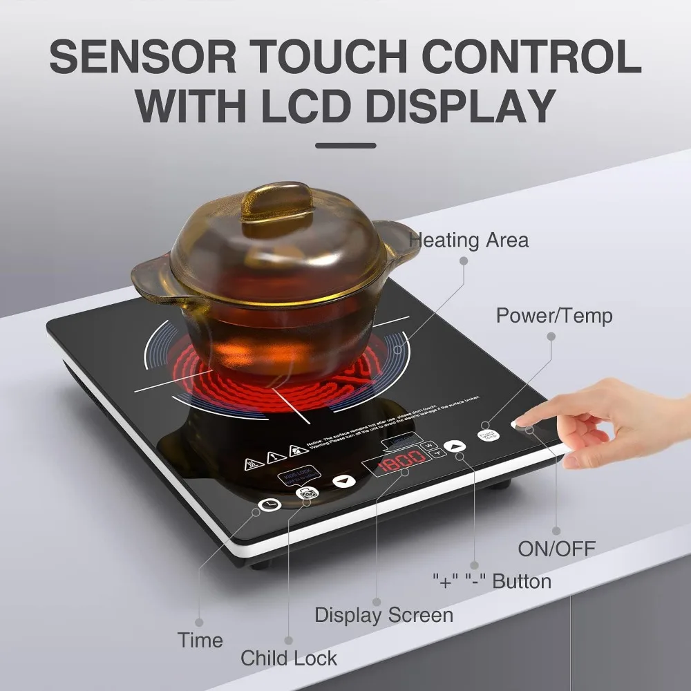 موقد كهربائي 110 فولت، موقد كهربائي بشعلة واحدة، لوح تسخين بالأشعة تحت الحمراء 1800 وات، إعداد 4 ساعات، سطح زجاجي كريستالي أسود