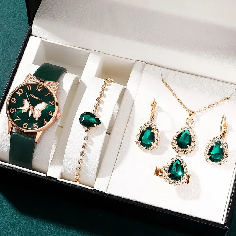 Women Green Watch Ring Necklace Earrings Bracelet Set Diamond Fashion Wristwatch Female Casual Ladies Quartz Watches Jewelry Set