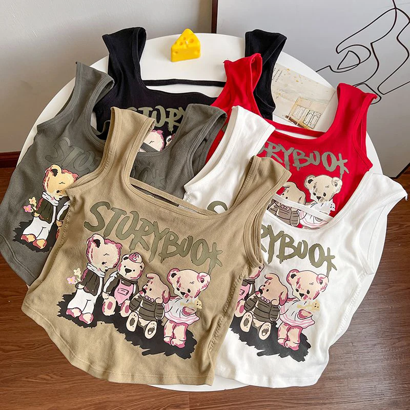 Cute Bear Printing Women Tank Sexy Hollow Out with Chest Pad Female Backless Camis Y2K Harajuku Korean Solid Slim Crop Vest