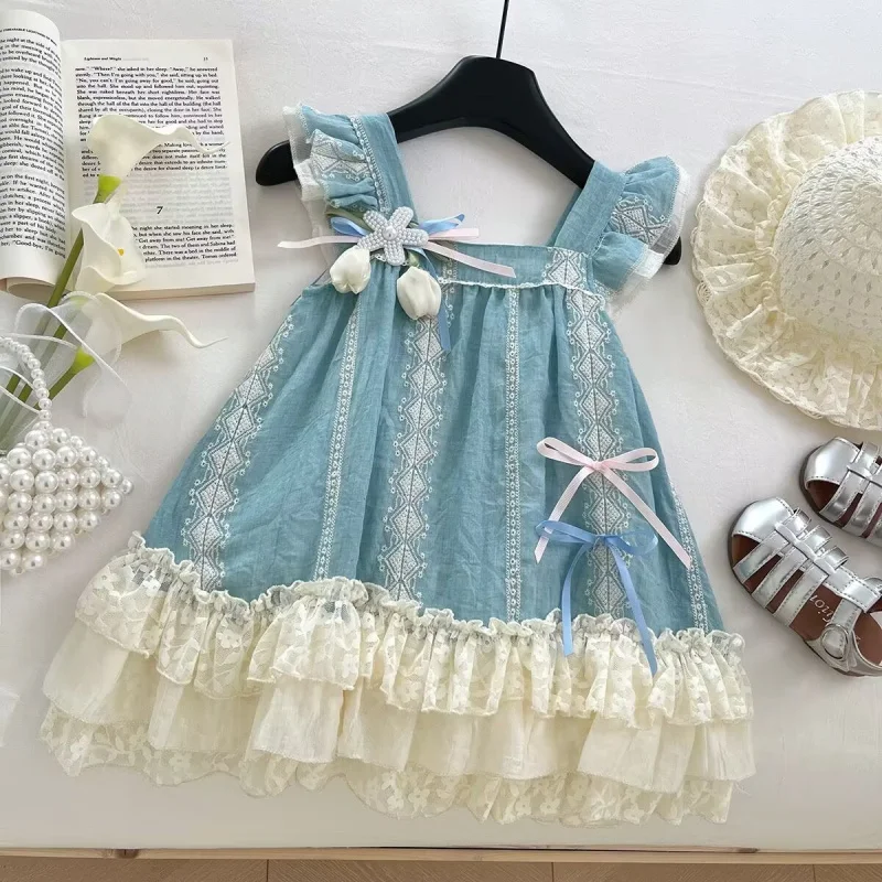 

Summer Girls' Dress2025New Floral Lace Princess Dress Vintage Little Girl French Vest Dress Wholesale
