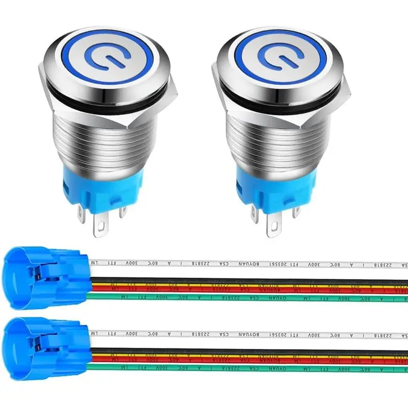 2Pcs 16mm Push Button Switch 12V-24V/Power Symbol LED 1NO1NC SPDT ON Off Waterproof Toggle Switch with Wire Socket Plug