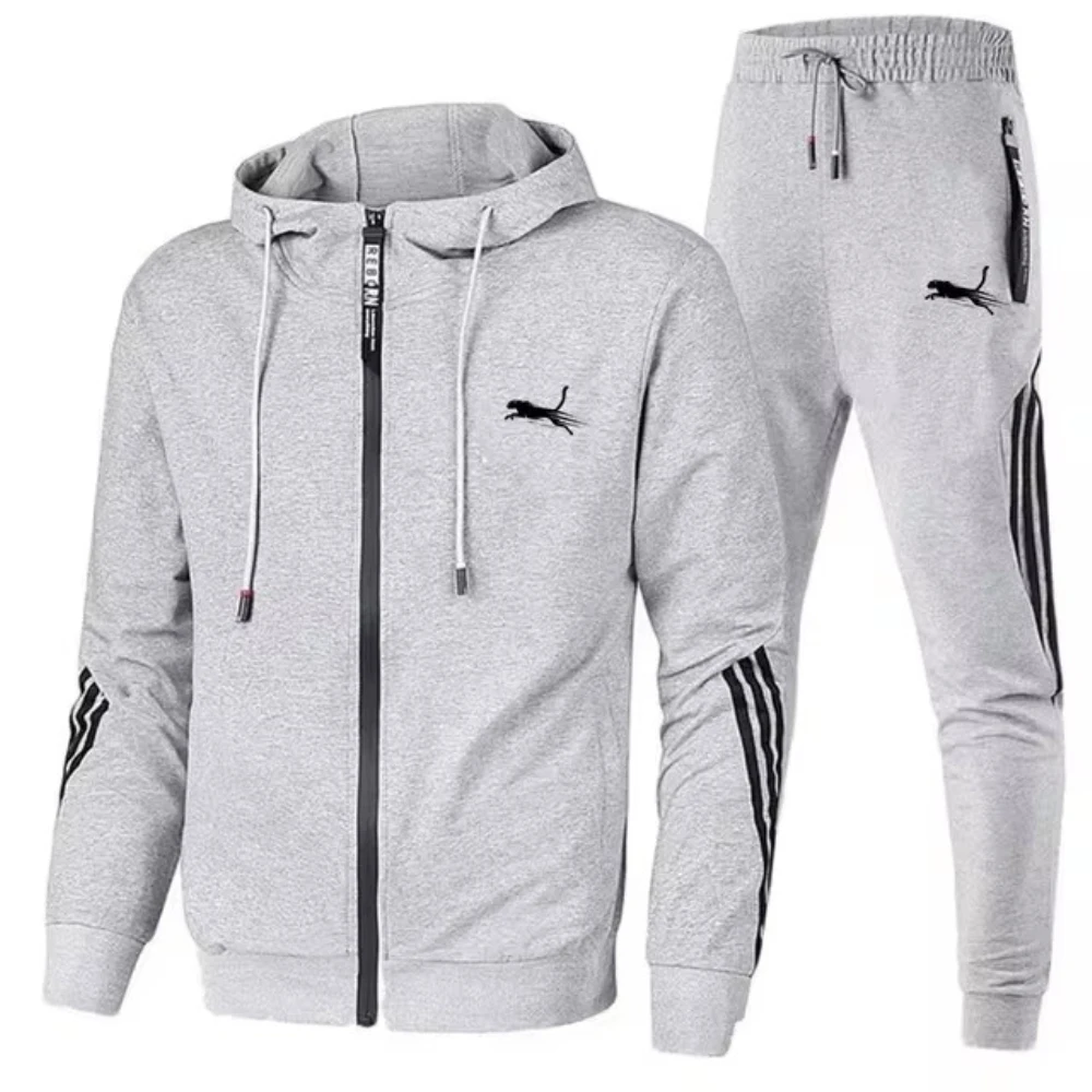 2024 New Trendy Casual Men\'s Hoodie and Trousers Two-piece Sportswear Suit Zippered Hooded Sweatshirt Sweatpants