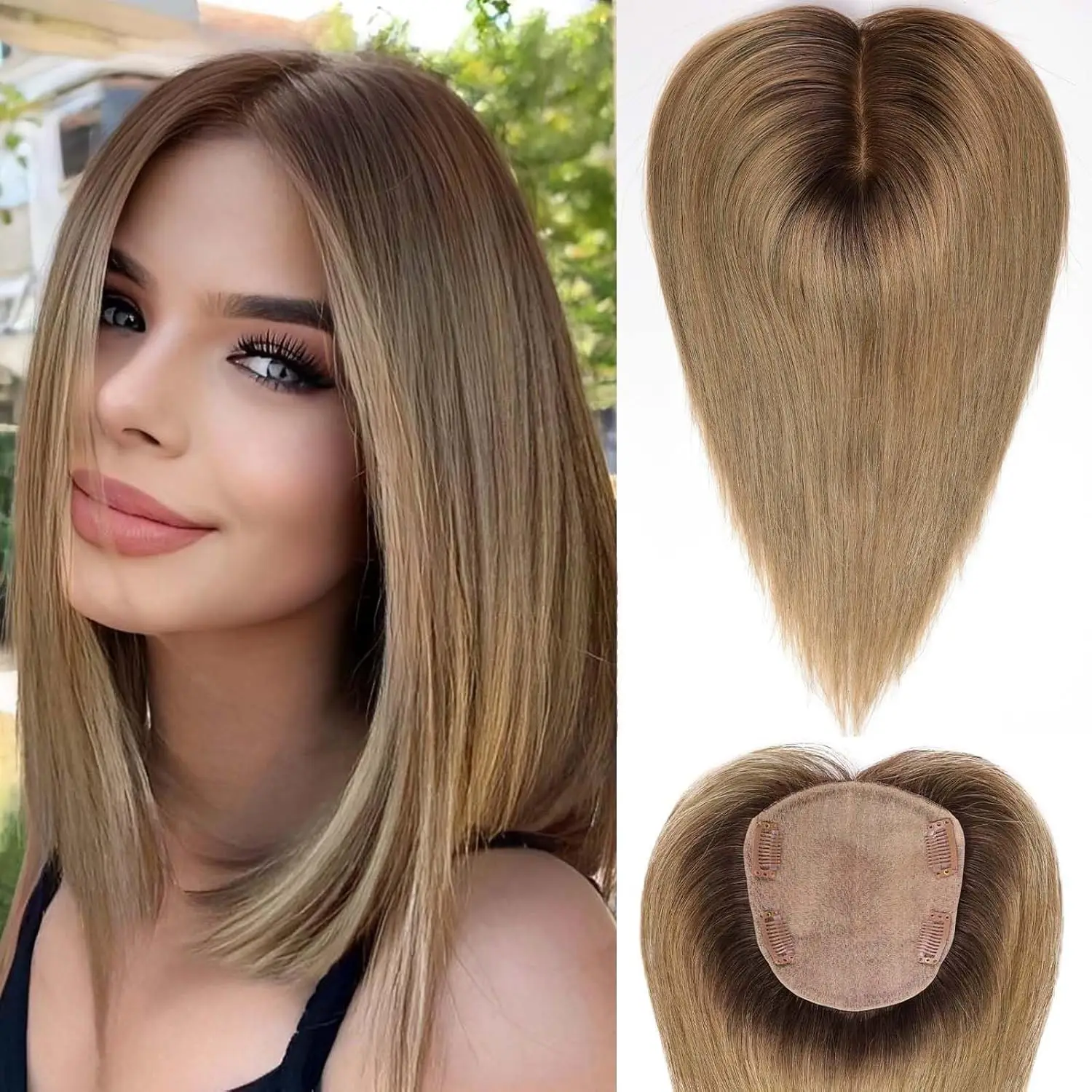 Ombre Medium Brown Human Hair Toppers 100% Remy Human Hair 14 inch No Bangs Clip in Hair Extensions for Women with Thinning Hair