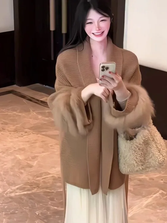 

Retro Lazy Sle Long Sve Knitted Cardigan Women's Autumn Winter Loose Slimming Plu Jaet V Ne Buttoned Pure Color