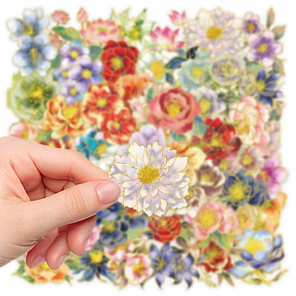 10/30/50pcs INS Style Cute Gold Stamping Elegant Floral Stickers Cartoon Aesthetic DIY Skateboard Phone Decoration Sticker Packs