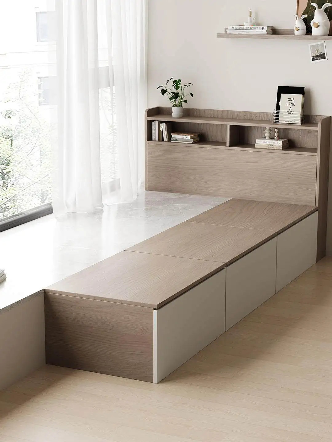 Solid wood custom modern simple connection half bay window splicing tatami window sill extension log wind storage bed
