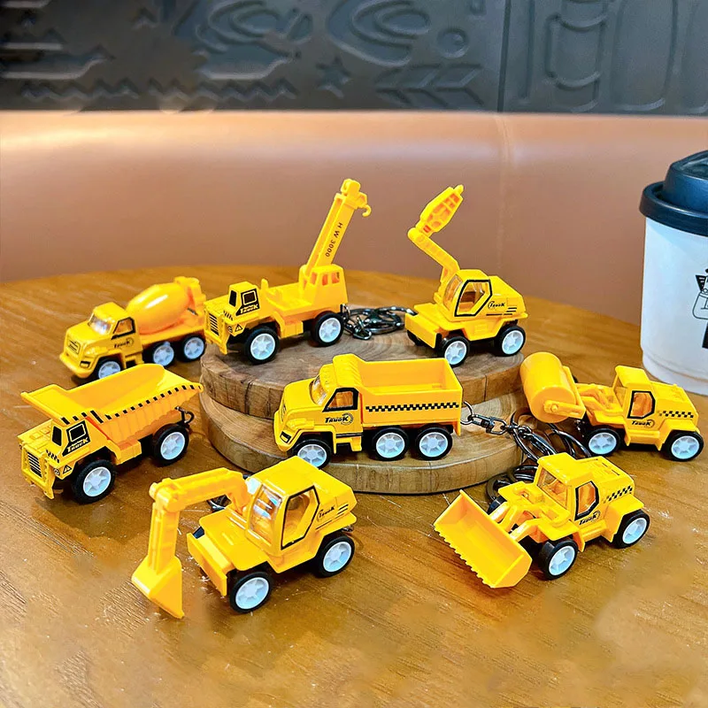 Children Engineering Car Toy Keyring Dump Truck Vehicle Construction Die-Cast Model Key Chains Friction Excavator Boys Girl Gift