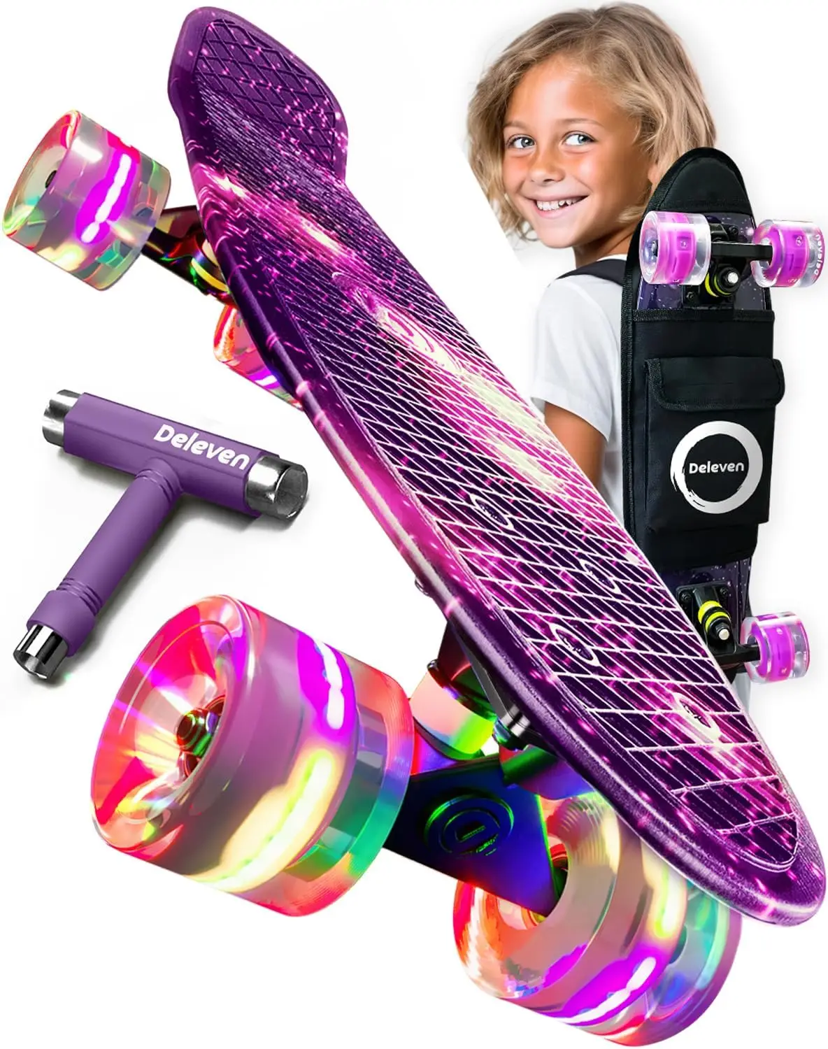 

22" LED Skateboard with Tool, ABEC 7 Bearings - Mini Cruiser for Kids and Adults