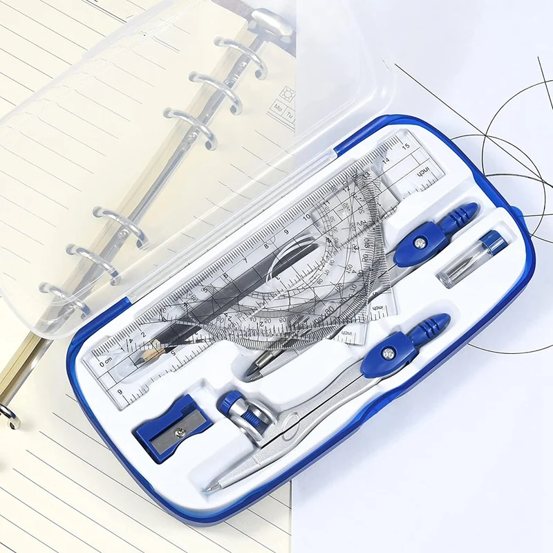 10 Piece Math Geometry Kit Sets Student Supplies For Drafting And Drawings With Shatterproof Storage Box