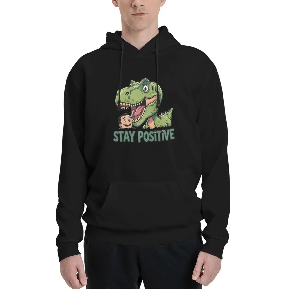 Stay Positive Funny T-Rex Dinosaur Sticker Hoodie Hip Hop Pullover Autumn Winter Men's Women's Sweatshirts Long Sleeve Tops