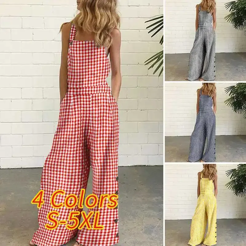 Spring Fall Women Casual Jumpsuit Backless Plaid Pants Wide Leg Long Trousers Ladies Fashion Streetwear Female Tide Outfit