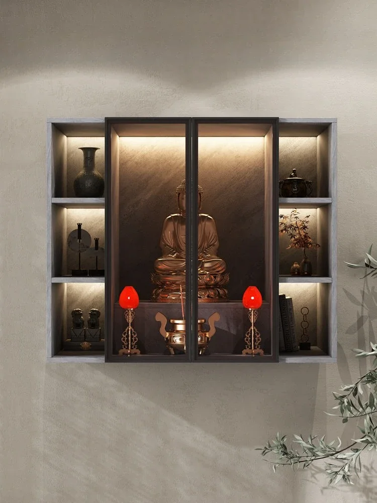 Buddhist niche new Chinese hanging cabinet, Guanyin Buddha statue cabinet, modern light luxury small shrine wall hanging type