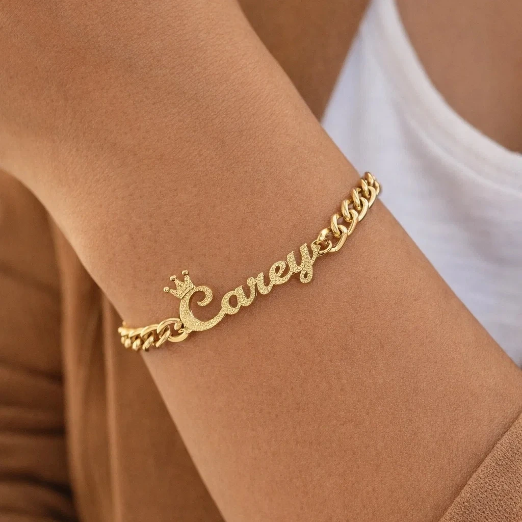 

18k Gold Plated Bling Crown Nameplate Cuban link Sandblasted Personalized Name Bracelet Luxury Jewelry Birthday Gift for Her