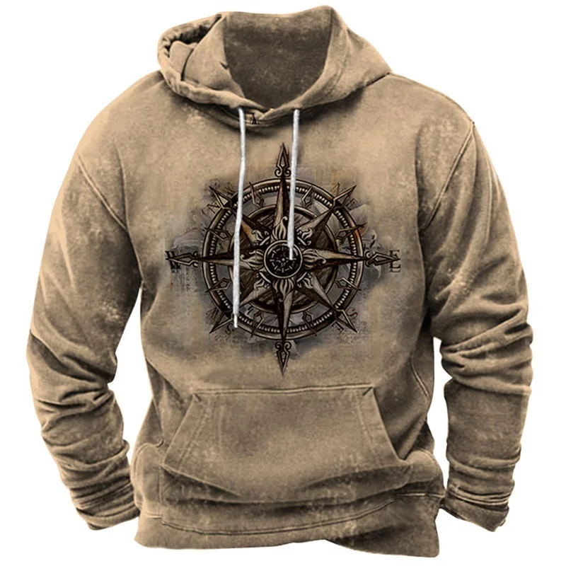 Retro Compass Graphic Hoodies For Men Long Sleeve Oversized Pullover Sweatshirt Tops Full Print Vintage Hoodie Streetwear