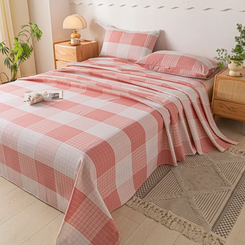 

New Old Coarse Cotton Sheet Printed Plaid Stripe 3-piece Sheet Set Double Mattress Set Full King-size Bedding