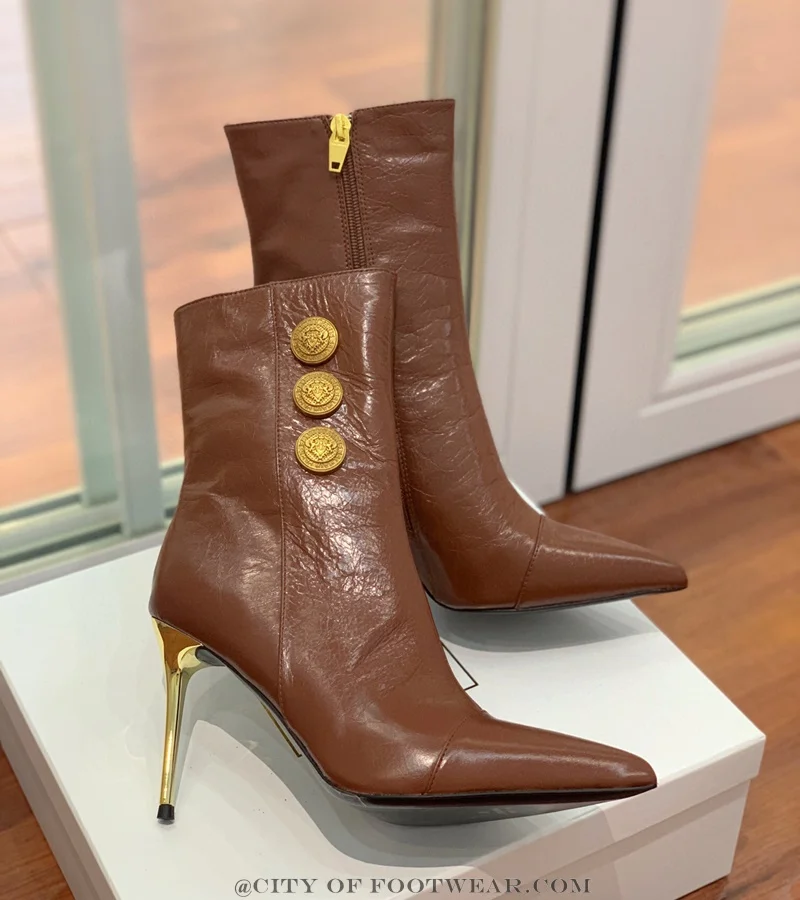 

Brown Metal Button Leather Ankle Boots Women Gold\Sliver Stilettos Pointed Toe Zip Booties Luxury Designer Comfy Office Shoes