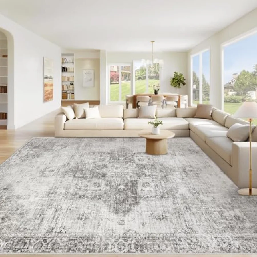 

Washable vintage boho medallion area rug for living room bedroom dining room home office, grey low pile non-slip soft distresse