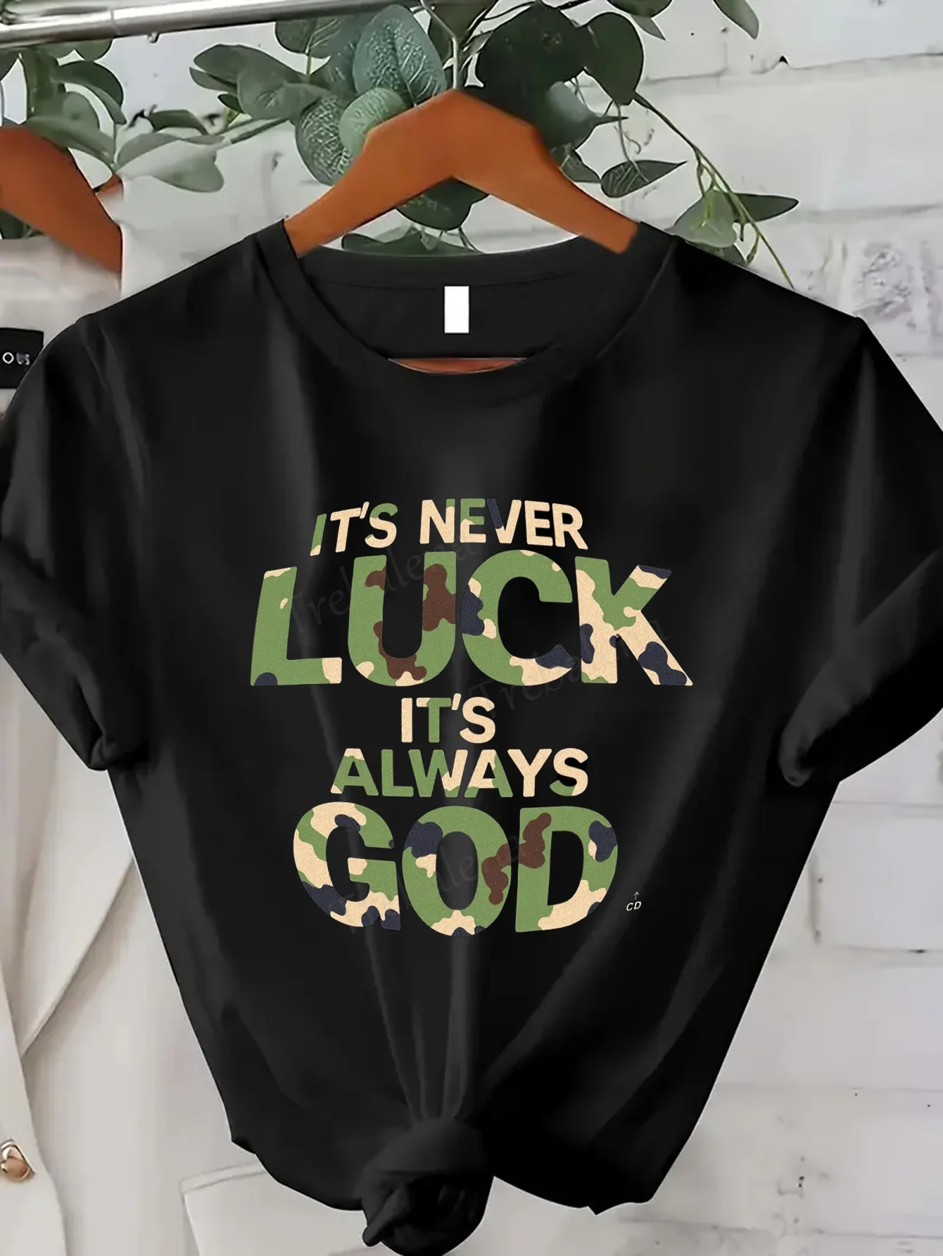 

Women T-shirt Camo Print T-Shirt "It's Never Luck, It's Always God" - Faith & Style for Women