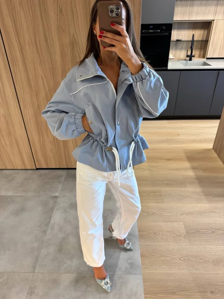 Women Fashion Drawstring Short Jacket Lapel Long Sleeve Single Breasted Slim Coat Spring Fall Daily Street Outfit New