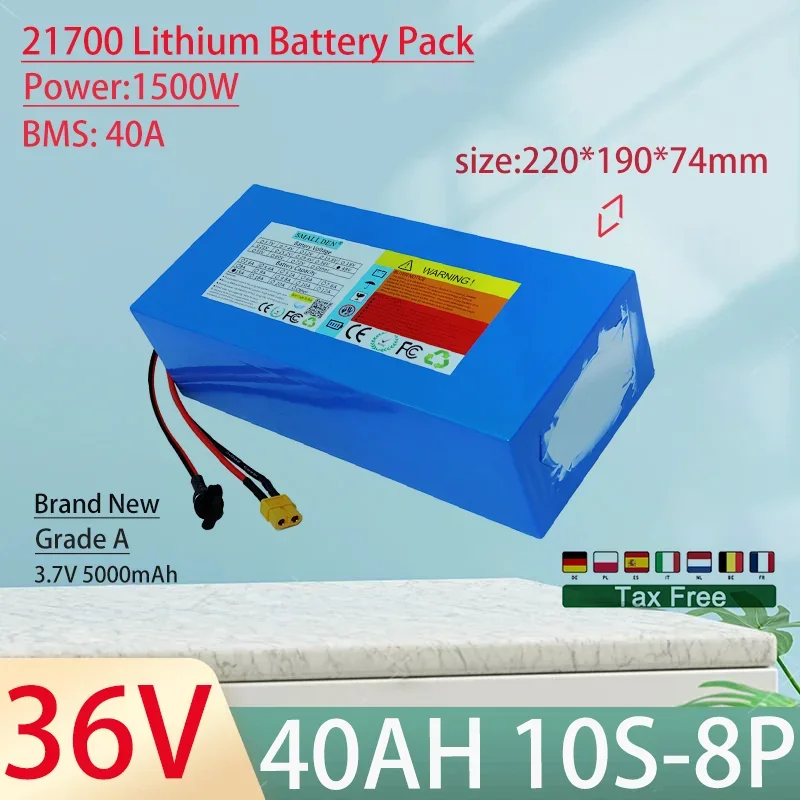 36V 40Ah 21700 10S8P Lithium Ion Battery Pack 1500W Power Tool Batteries Outdoor Backup Batteries With 40A BMS+42V 5A charger