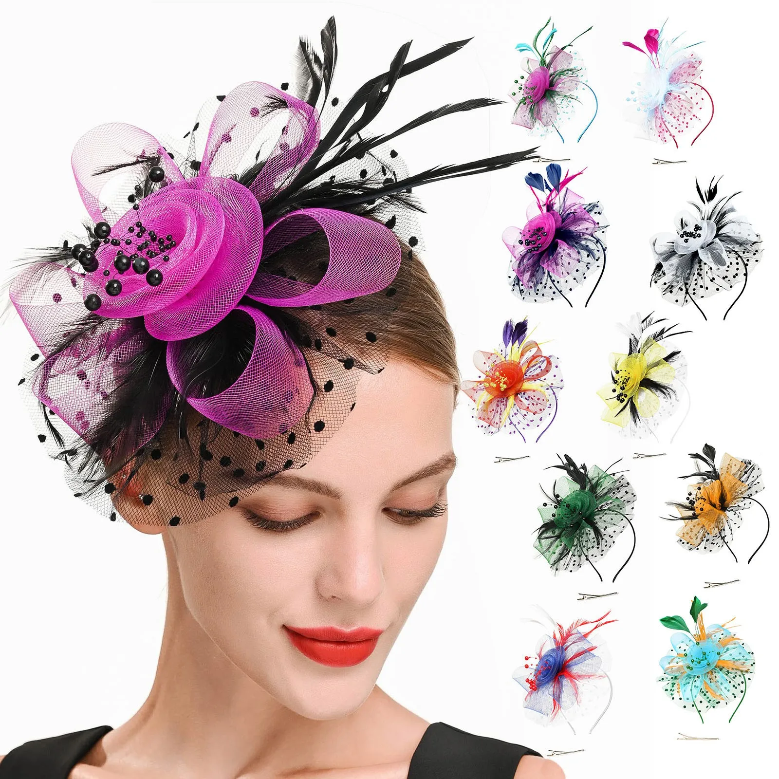 Women Chic Fascinator Hat Cocktail Wedding Party Church Headpiece Fashion Headwear Feather Hair Accessories Bride