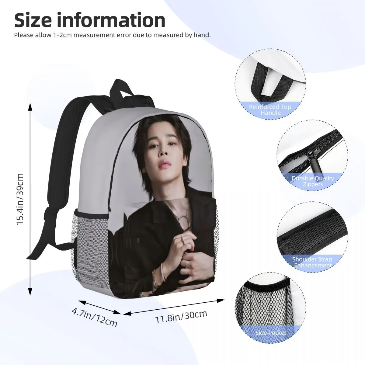 Mochila escolar casual leve impressa estilo Kpop-Like-Jimin para escola, ao ar livre, compras, escritório 15 polegadas