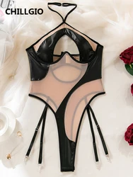 CHILLGIO Women Sexy PU Sleeveless Rompers Hollow Fasion Basic Halter Playsuits Push Up Lingerie One Pieces Combination Bodysuits