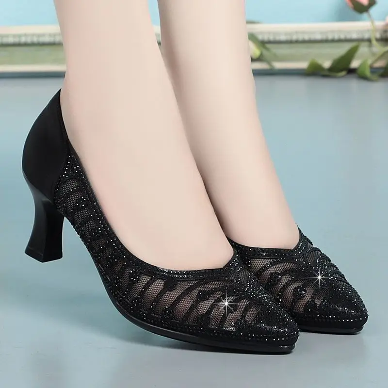 

Shoes for Women Pointed Toe Rhinestone with Medium Heels Woman Pumps Black Y2k Summer 2025 Quick Delivery Chic and Elegant Shoe
