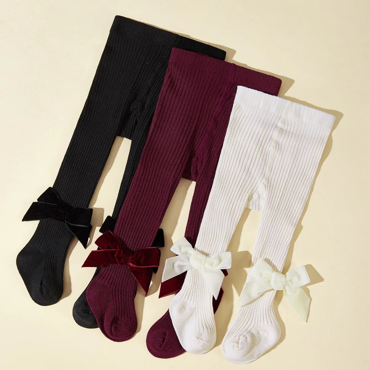 2026 Baby Newborn Ribbed Tights Bow Solid Color Footed Pantyhose for 0-2Y Toddler Girls Soft Infant Leggings view 3