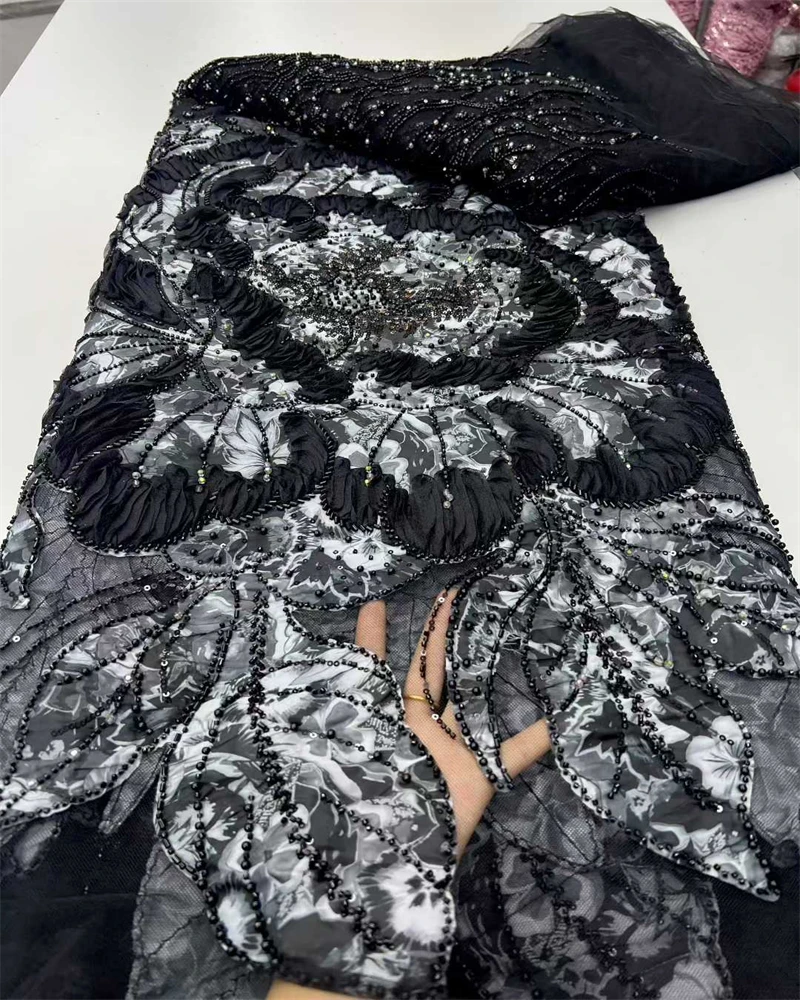 Tessuto di pizzo con perline nigeriane di lusso Paillettes di alta qualità Abito da festa africano Materiale da cucire per occasioni speciali