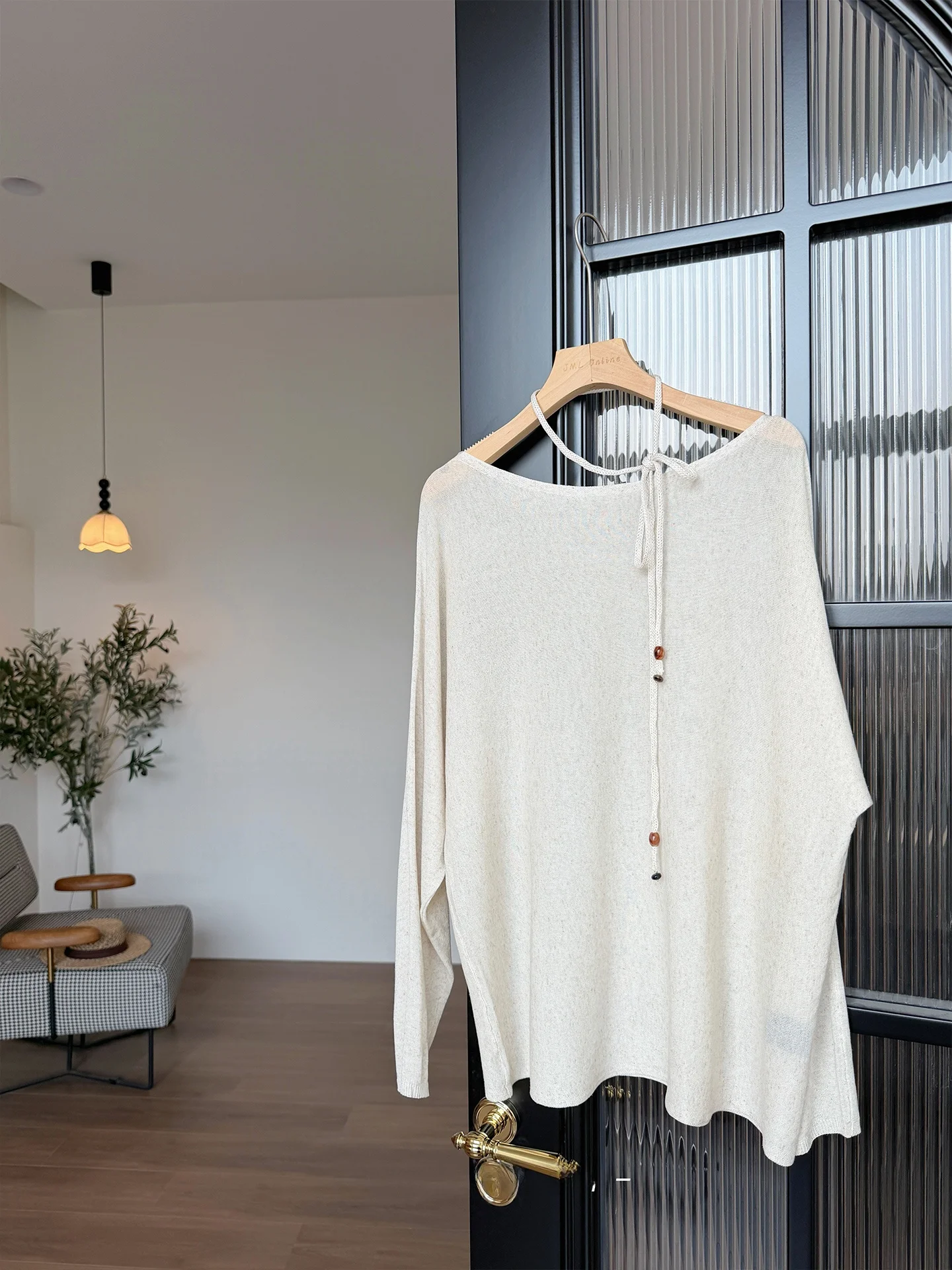 

JUSILEY Льняной трикотажный пуловер с поясом, свободный крой, с бусинами, простой стиль, женский, с длинным рукавом, круглый вырез, весна 2026