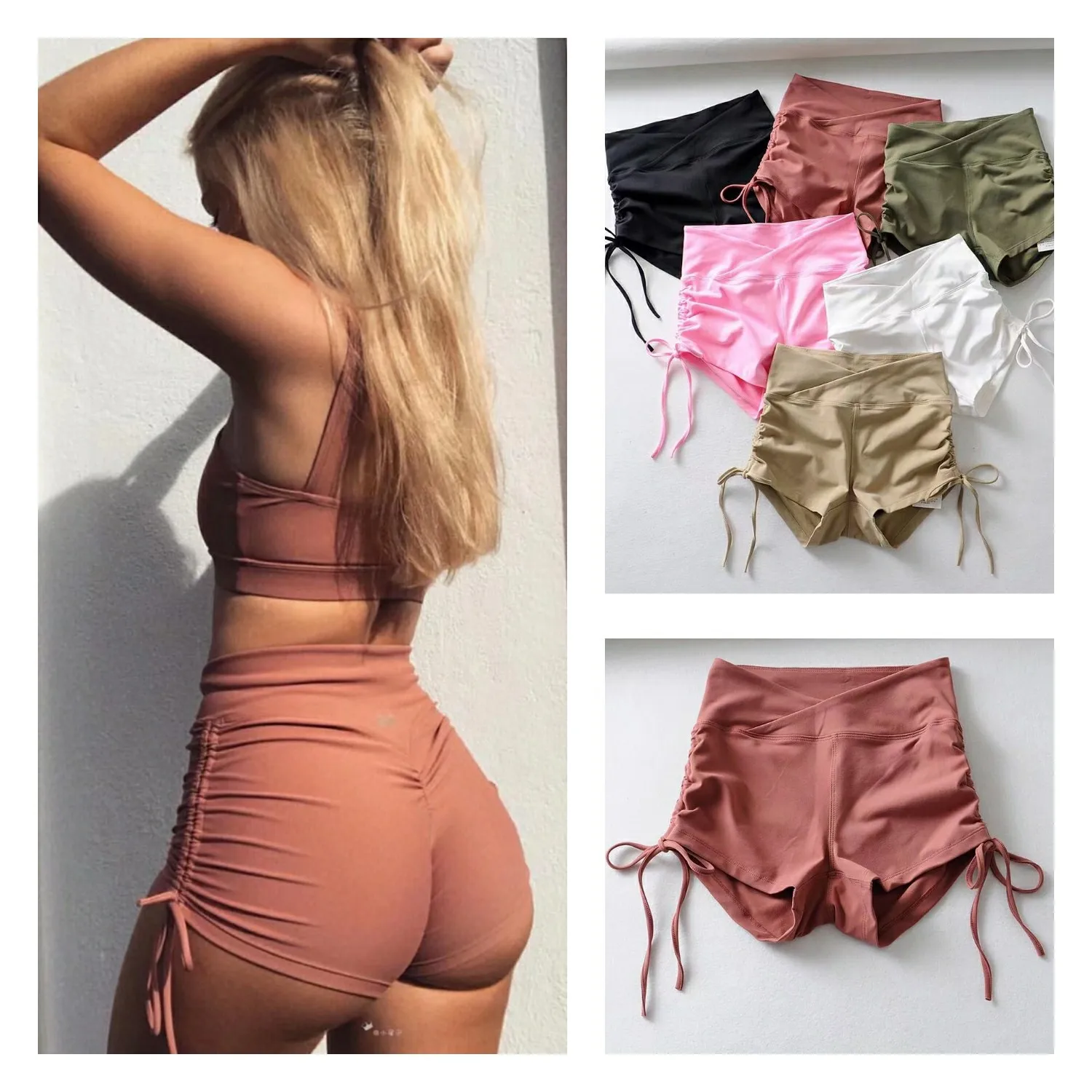 

High Waist Elastic Yoga Shorts Fitness Drawing Rope Wrinkle Running Short Drawstring Pants Summer Sports Tights Workout Trousers