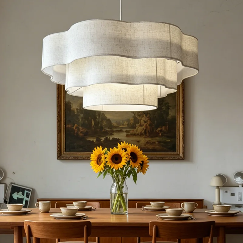 Three-layer Linen Parchment Chandelier With Wavy Lampshade, Modern Ceiling Pendant Light Fixture, Hanging Lamp