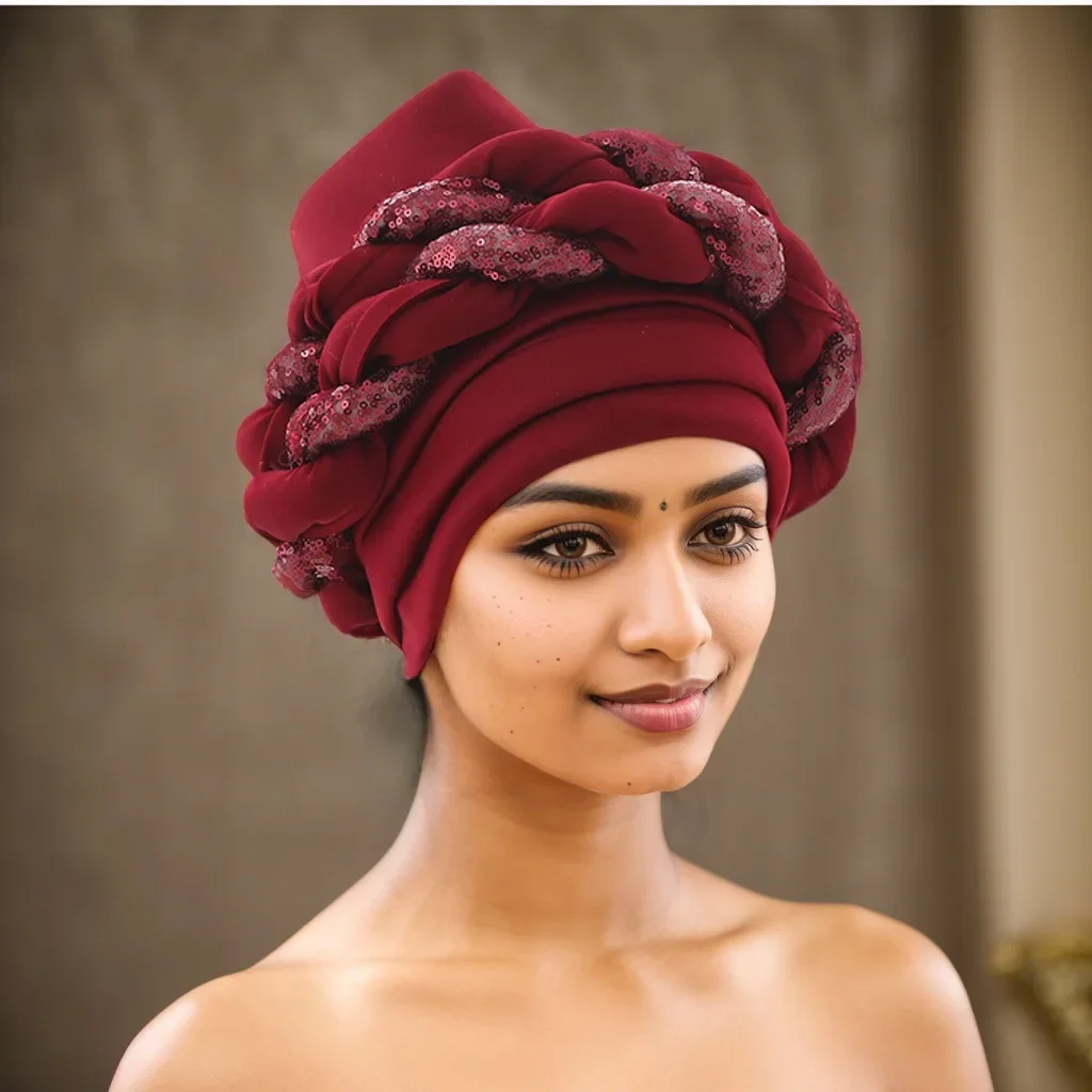 

New Sequin Turban Women Braids Beanie Headwrap African Hat Arab Wrap Muslim Scarf Hijab Bonnet Hair Aso Oke Auto Gele Ready Made