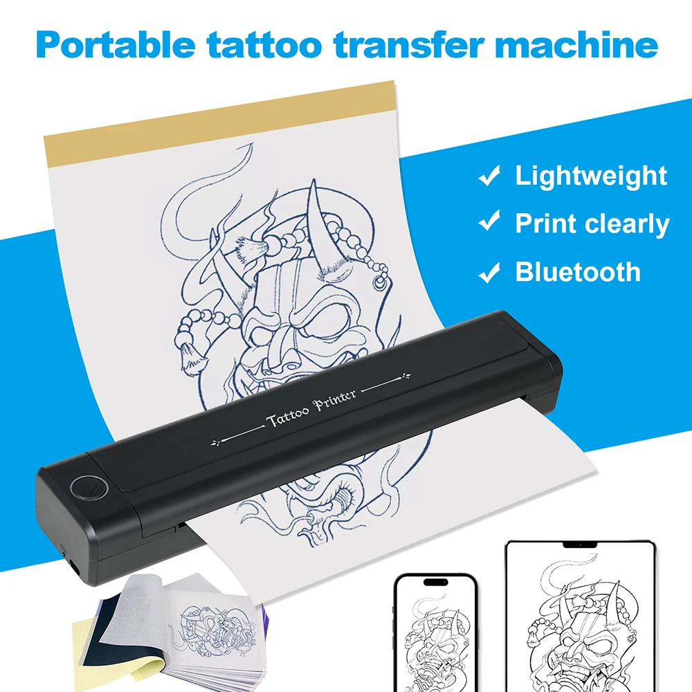 طابعة الوشم اللاسلكية مع 10 قطع من ورق النقل المحمول بلوتوث استنسل الوشم آلة النقل الحراري لفنان الوشم #5