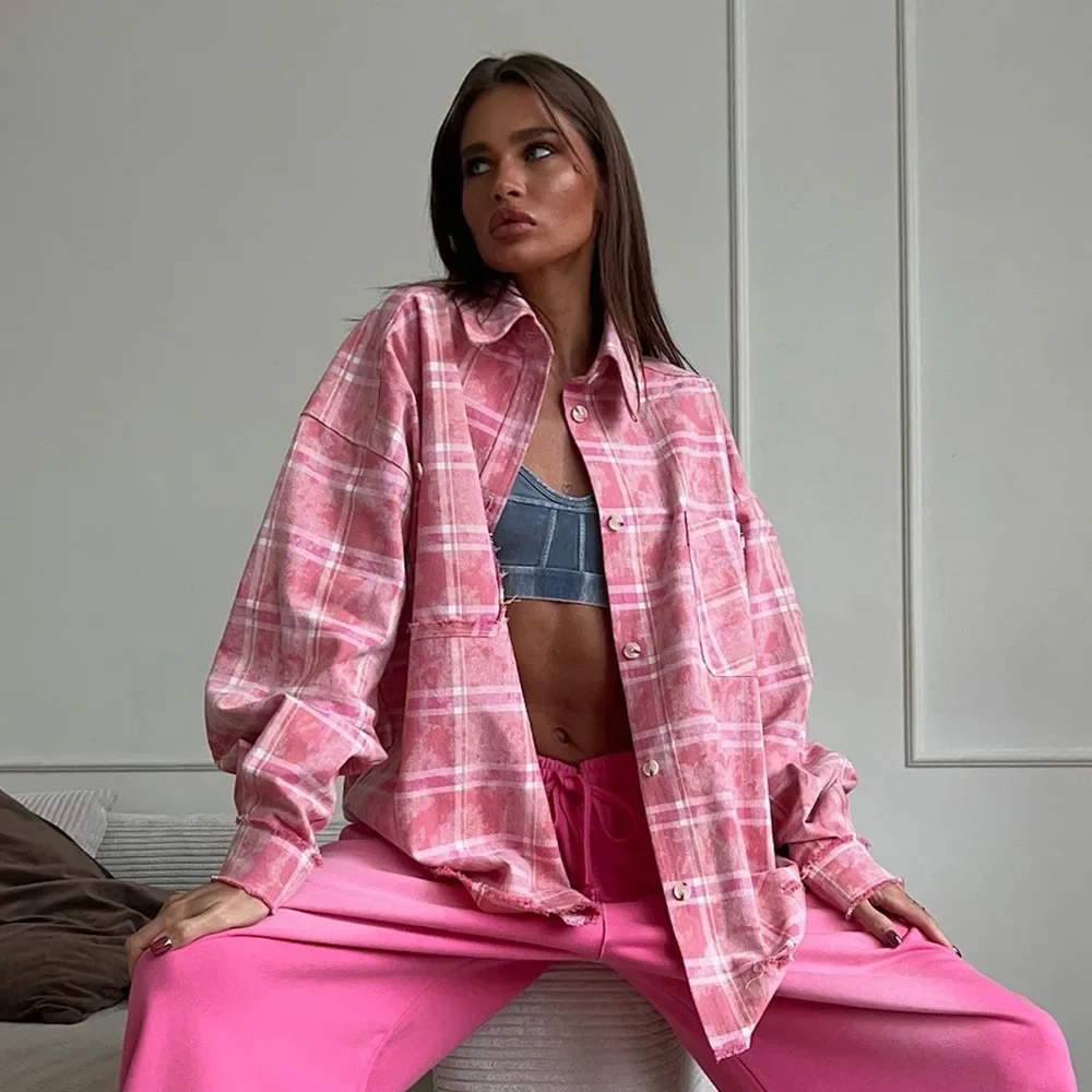 

New Retro Tie Dyed Cotton Checkered Shirt Spring and Summer Women's Street Syle Trend Y2K Loose School Cassual Pink Shirt Jacket