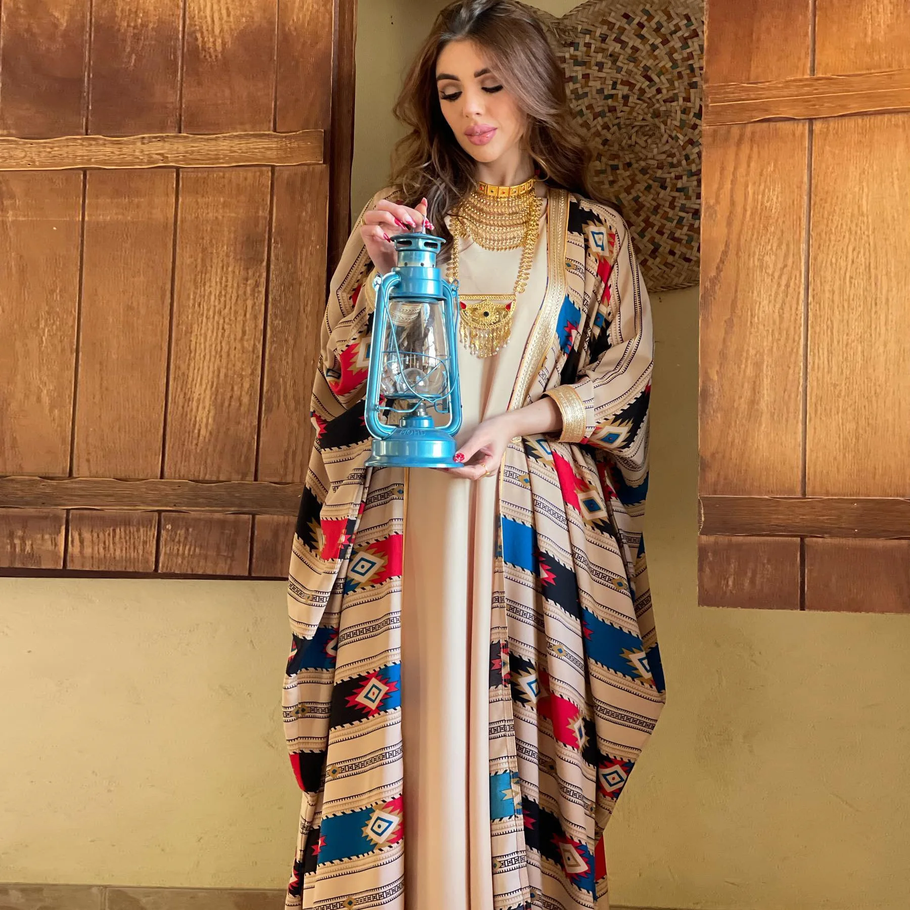 

Two Pieces Muslim Abaya Dress Set Colorful Geometric Stripes Print Moroccan Kaftan Dubai Turkey Arab Oman Qatar Robe Abaya