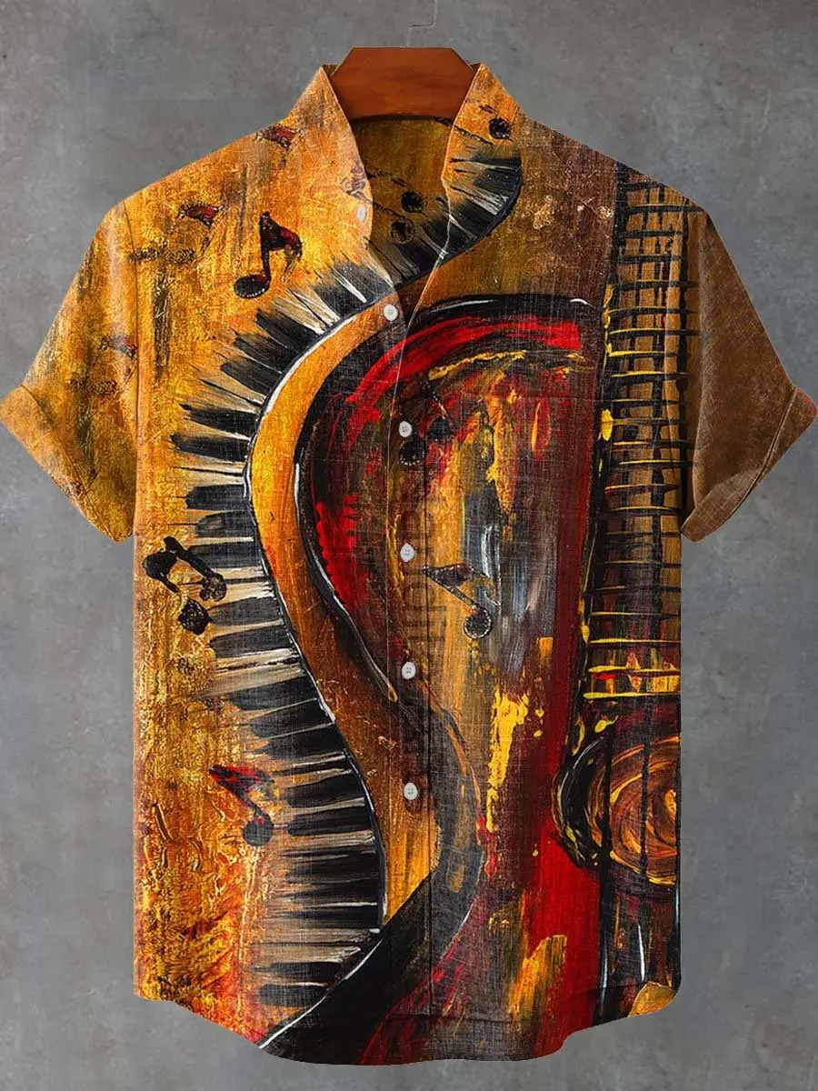 New retro music art digital printing casual short sleeved shirt pure casual versatile summer short sleeved shirt top
