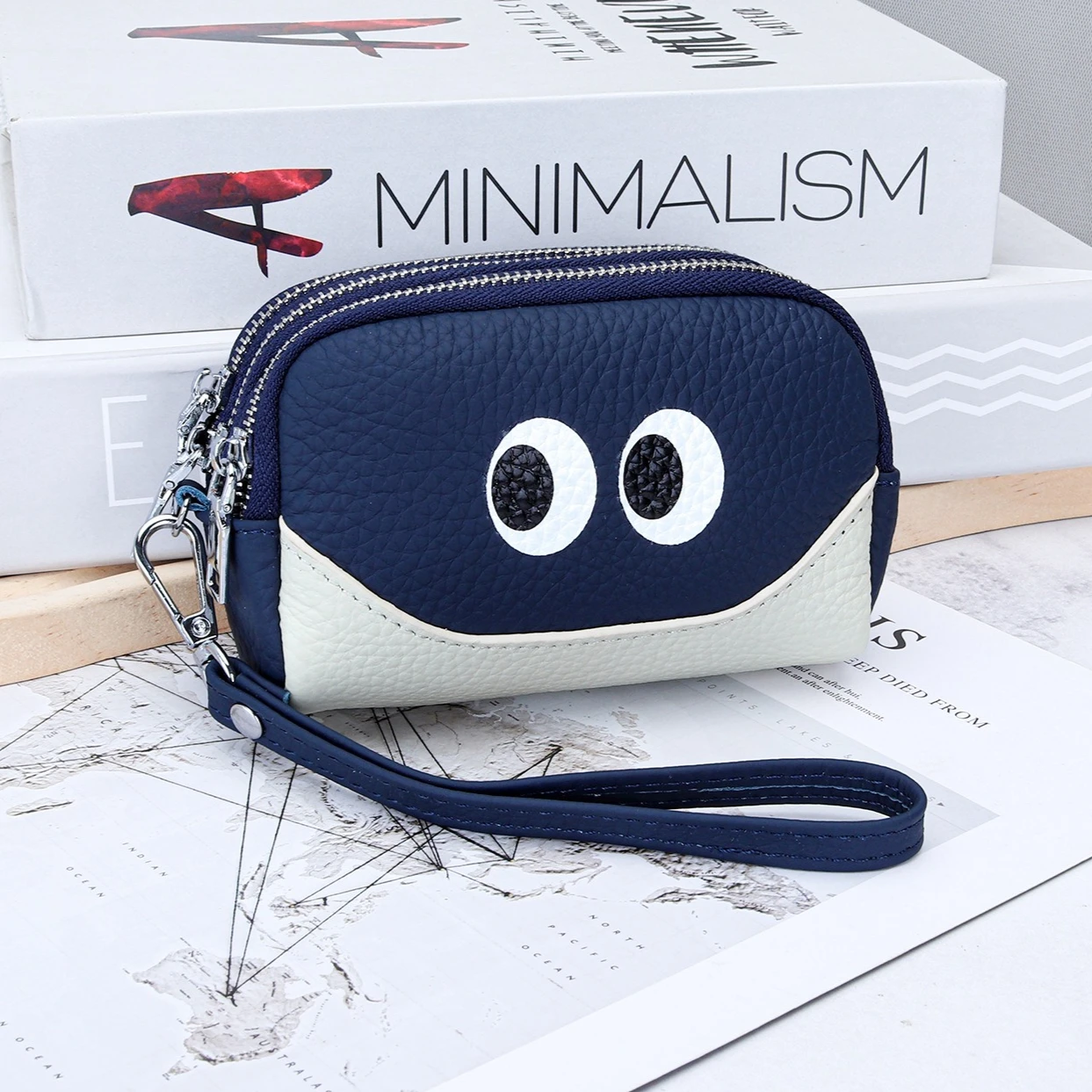 

Очаровательный кошелек для монет с мультяшным дизайном и тремя молниями - маленький кожаный кошелек с ремешком на запястье, милый кошелек для монет, карт и мелких предметов