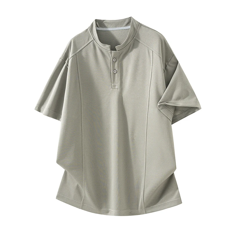 

2026 Summer Men's Henry Collar Short-Sleeve T-Shirt American Retro Half-Sleeve Shirt