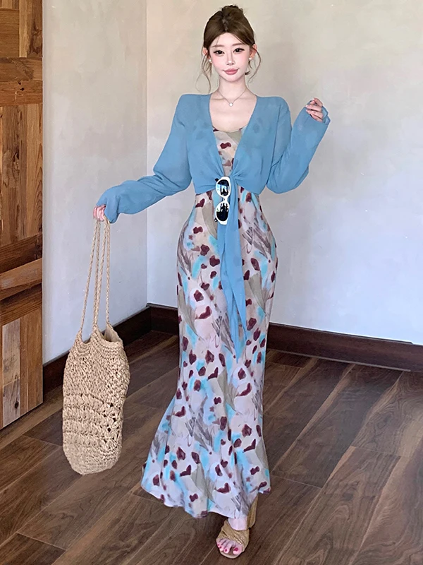 

Beach Vacation Gradient Print Halter Dress Set Summer Slimming Long Skirt Sun Protection Open Cardigan Two Piece Set Women's ...