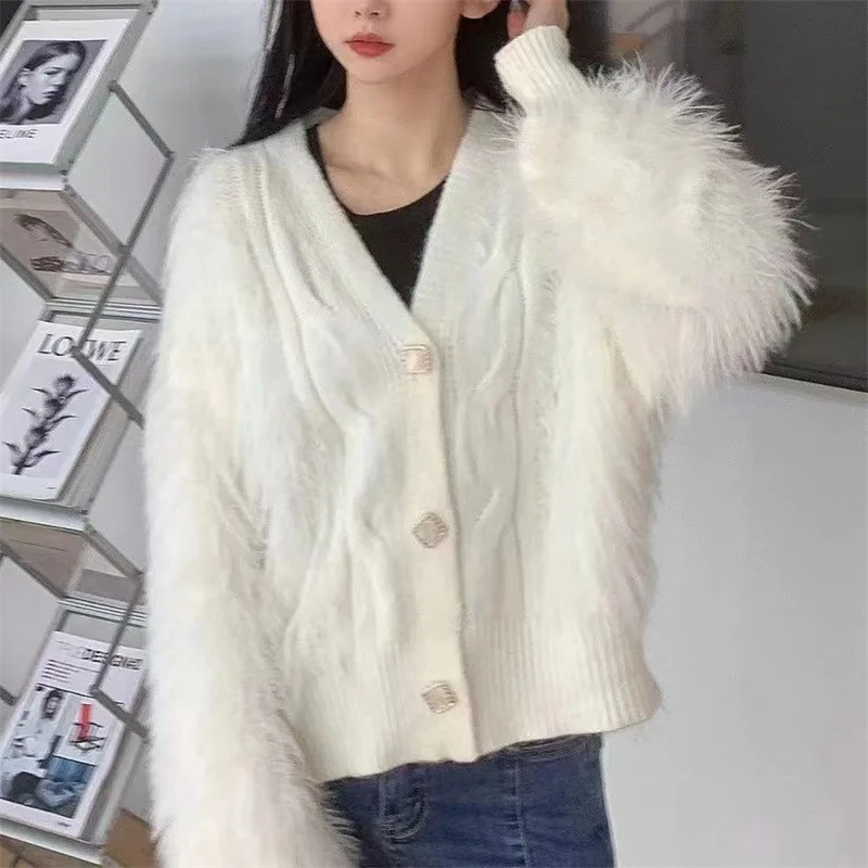 Cardigan Imitation Mink Velvet Knitted Autumn and Winter New Loose Solid V-neck Sweater Women Coat