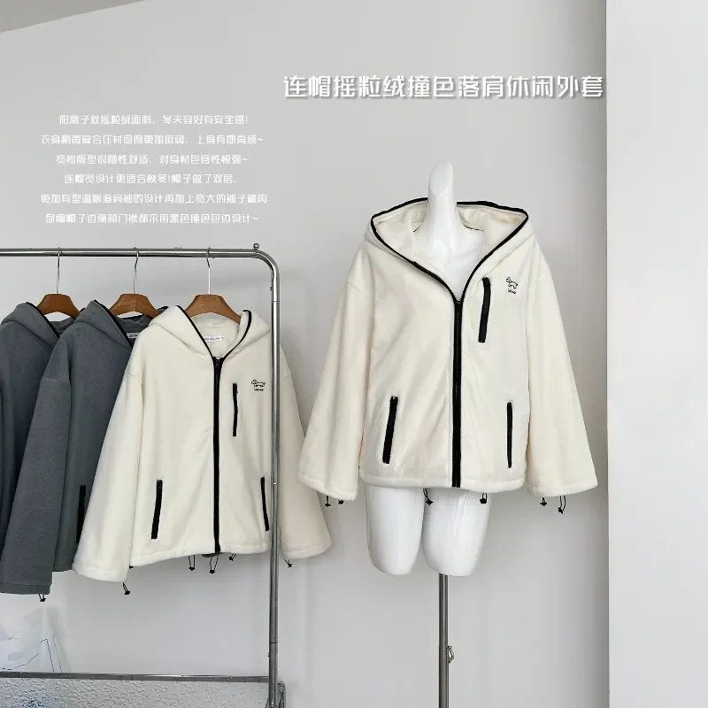 MiiiiX Casual Hooded Polar Fleece Coat Women's Outerwear 2024 Autumn New Loose Embroidery Contrast Thicken Jacket Female Clothes